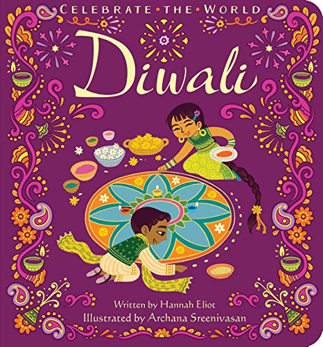 Book cover: “Diwali” with children creating a Rangoli and sweets.