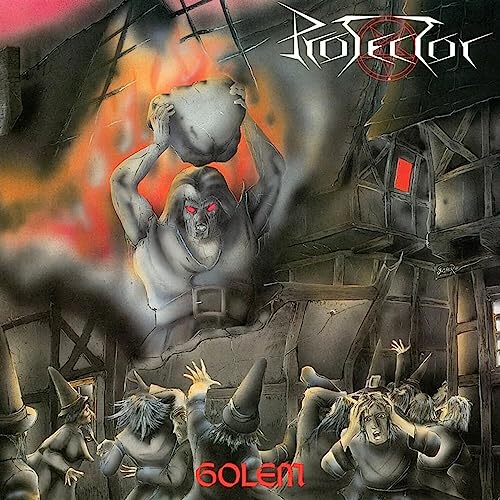 Fantasy album cover depicting a golem towering over frightened villagers.