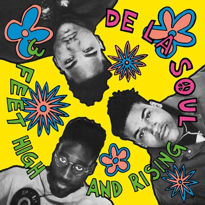 De La Soul album cover: three men surrounded by colorful floral graphics.