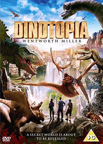 DVD cover art featuring dinosaurs, a waterfall city, and three people standing on rocks.