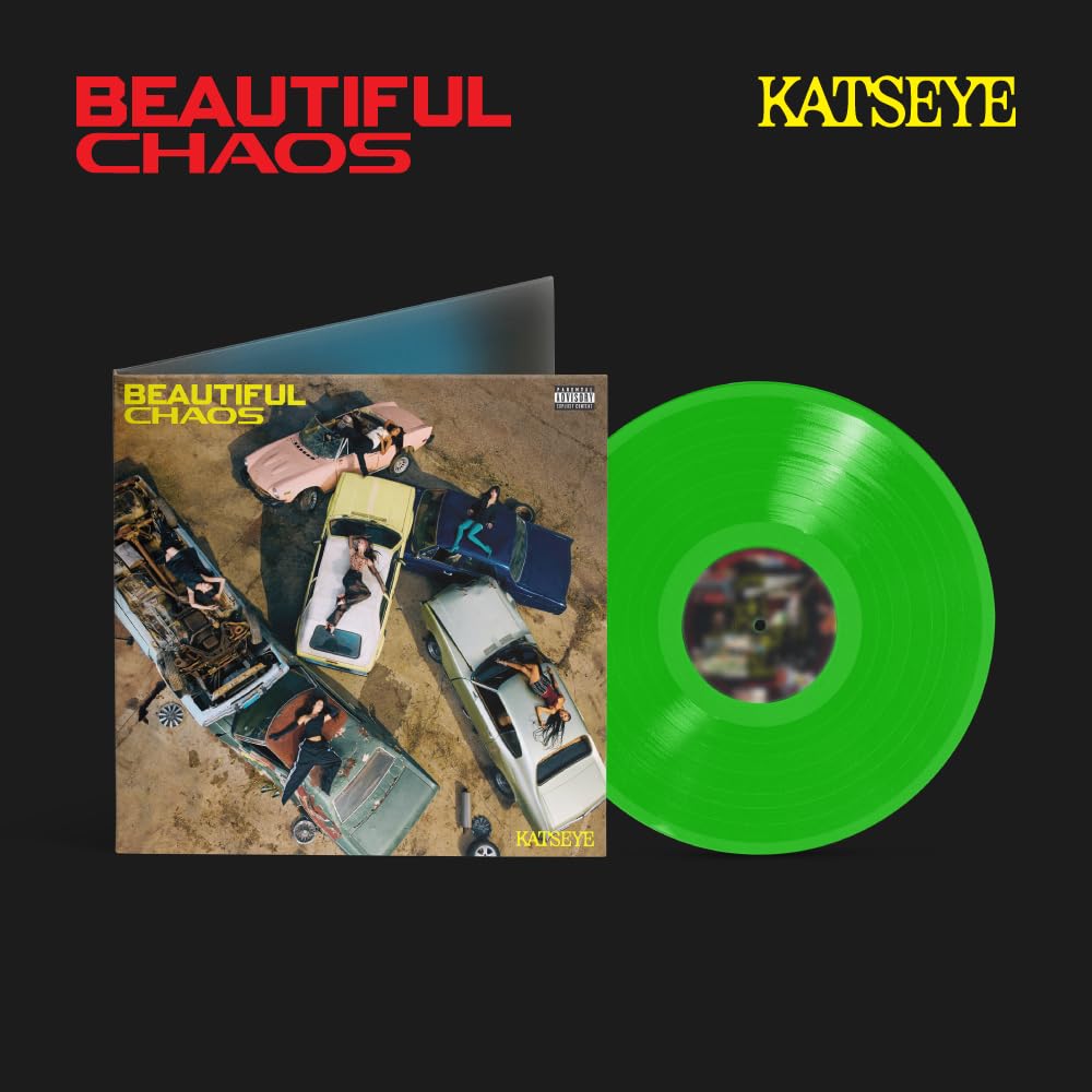 Katseye Beautiful Chaos vinyl record album cover and bright green vinyl disc.