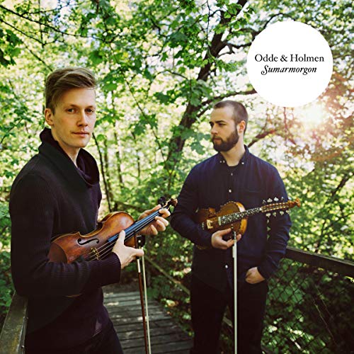 Two men playing violins outdoors, album cover for Odde & Holmen.