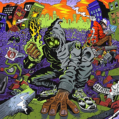 Cartoon album cover featuring a hooded figure amidst a chaotic, burning city.
