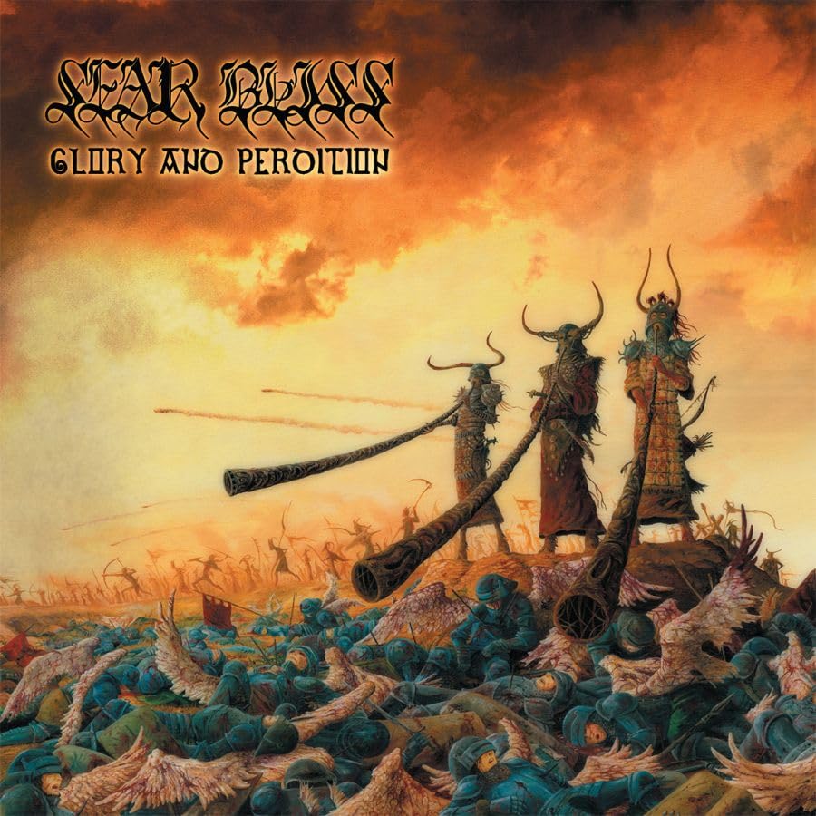 Album cover: fantasy battle scene with figures and a fiery sky.