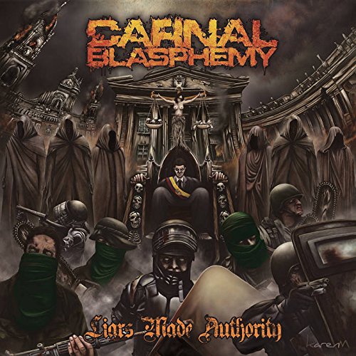 Dark album cover depicting figures in robes and military gear around a throne.