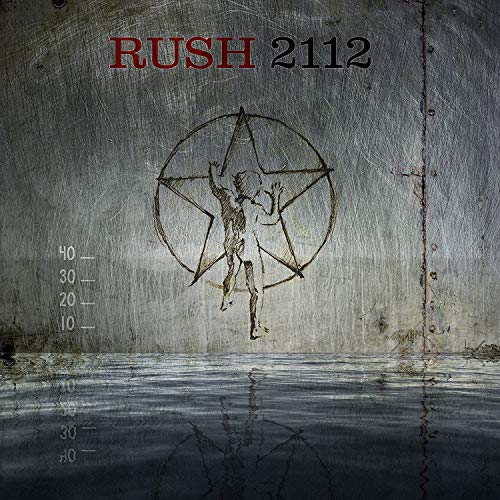 Rush 2112 album cover: figure inside a star on a metal wall.