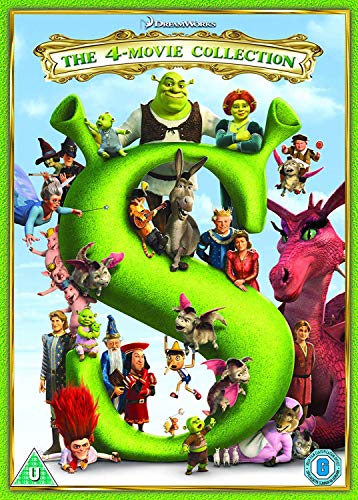 Shrek DVD cover featuring Shrek and many characters within a green "S".