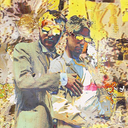 Two men in suits and sunglasses, abstract yellow and white background.