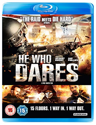 He Who Dares" Blu-ray cover featuring soldiers, explosions, and London landmarks.
