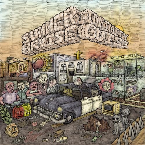 Hand-drawn album cover with a brain-shaped cloud over a town scene.