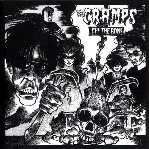 Black and white illustration of The Cramps with a skull and candles.
