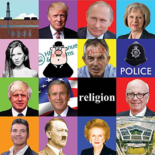 Collage of portraits and symbols: oil derrick, politicians, and text.