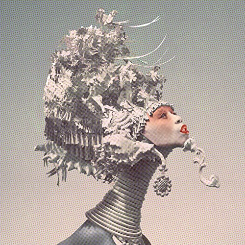 Woman in profile with elaborate, silver floral headpiece and neck coils.