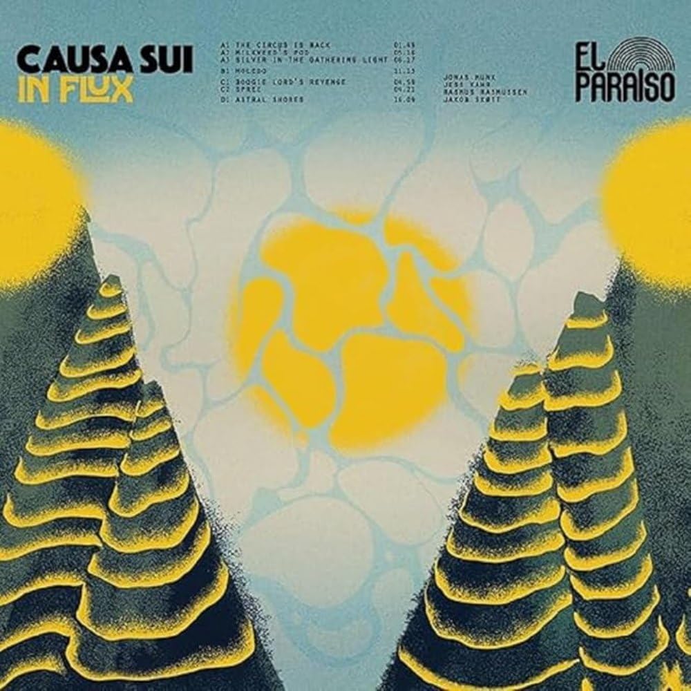 CD cover for Causa Sui’s “In Flux” featuring abstract mountain and sun imagery.