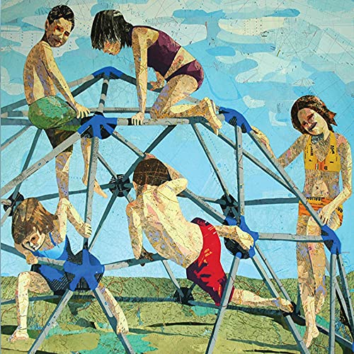 Collage of children playing on a blue geodesic dome structure.