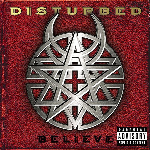 Album cover for Disturbed's Believe featuring a metallicC metallic geometric symbol on red leather.