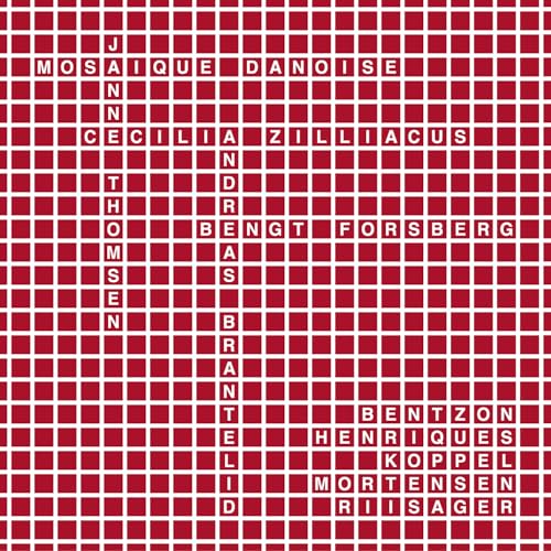 Red grid background with white text listing artist and album names.