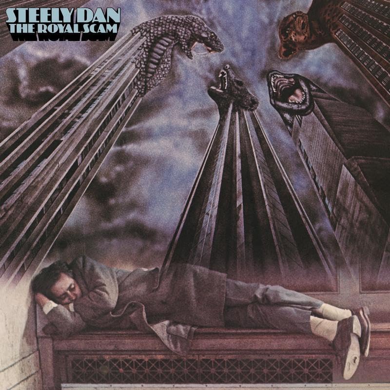 Steely Dan album cover: surreal cityscape with figures and reclining man.