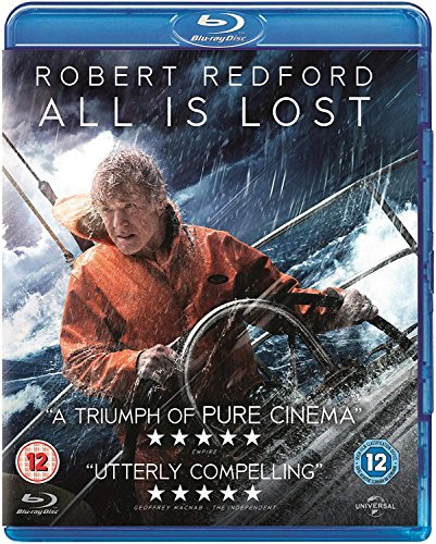 All Is Lost" Blu-ray cover featuring Robert Redford at sea in a storm.
