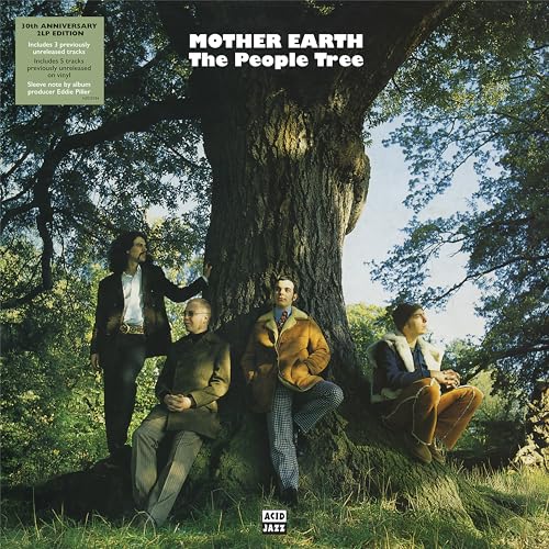 Vinyl album cover featuring a band posed in front of a large tree.