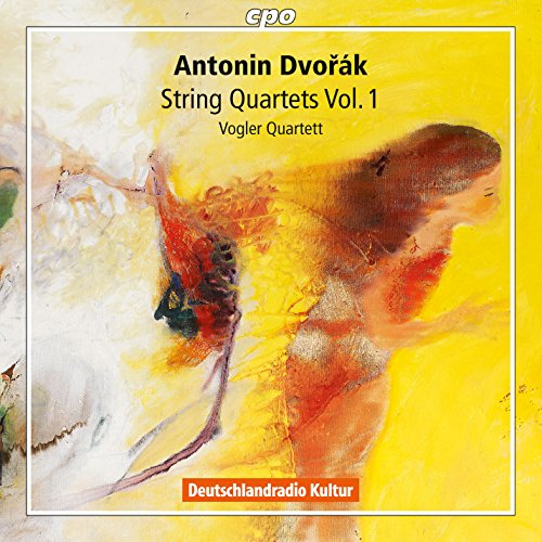 CD cover for Dvorak string quartets, featuring abstract painted figures.