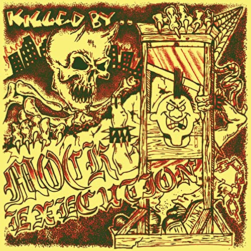 Yellow album cover with skull, guillotine, and cartoon face illustration.