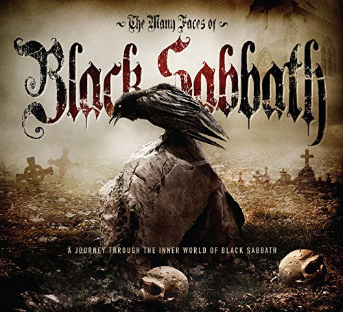 Black Sabbath album cover with a raven, skulls, and a graveyard scene.