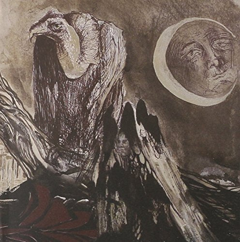 Dark, textured illustration of a bird, moon with a face, and figures.