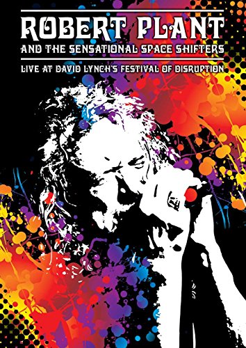 Robert Plant performing live, with colorful paint splatters and text.