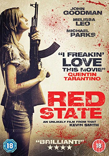DVD cover for “Red State” featuring a woman holding a rifle, blood splatters.
