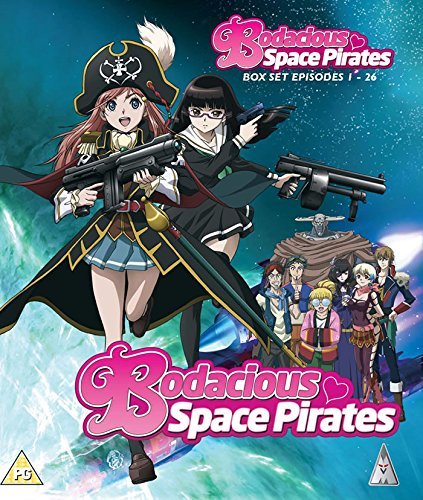Anime characters in space pirate gear holding weapons on a blue space background.