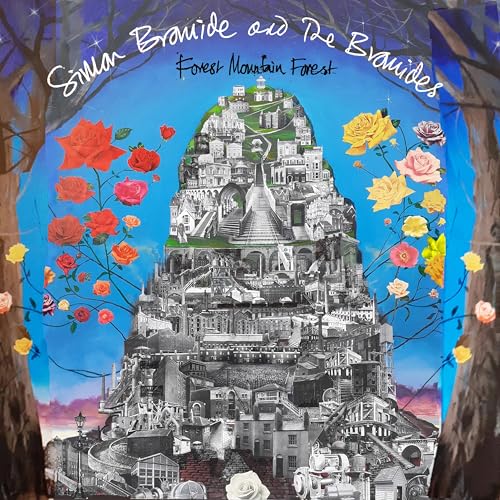 Album cover: fantastical mountain town scene with flowers, blue sky.