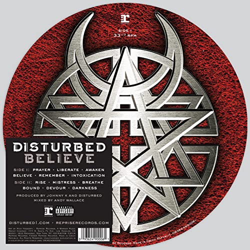 Red and black vinyl record sleeve with silver logo and track listing.