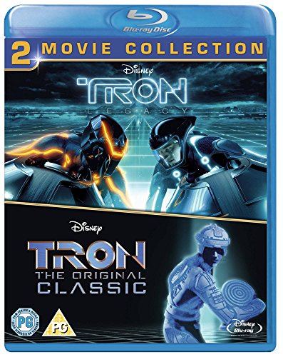 Blu-ray case for “Tron” and “Tron Legacy” with characters in blue suits.