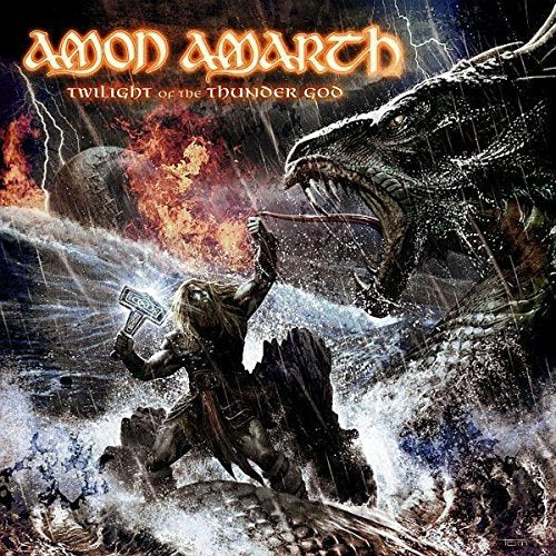 Album cover: warrior with hammer facing a large, monstrous serpent.