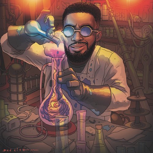 Illustration of a Black man in glasses conducting a colorful experiment.
