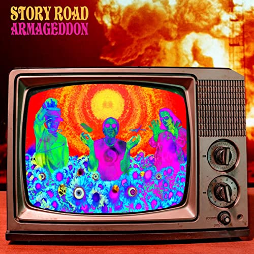 Vintage TV displaying distorted figures and flowers against a fiery background.