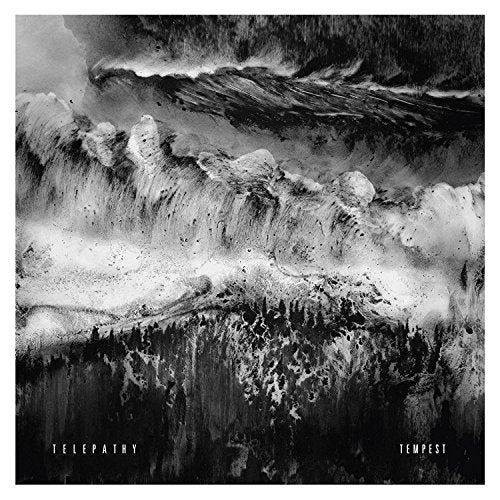 Black and white abstract image of waves, with "Telepathy Tempest" text.