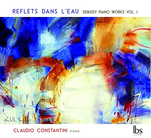 CD cover: abstract painting in blues, reds, and whites; Debussy piano works.