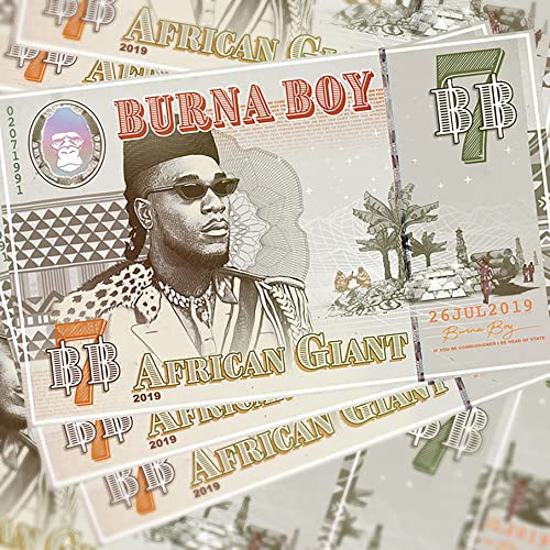 Burna Boy’s “African Giant” vinyl record with portrait and dollar bill design.