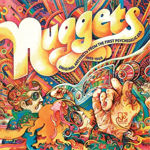 Colorful psychedelic album cover for “Nuggets” with text and figures.