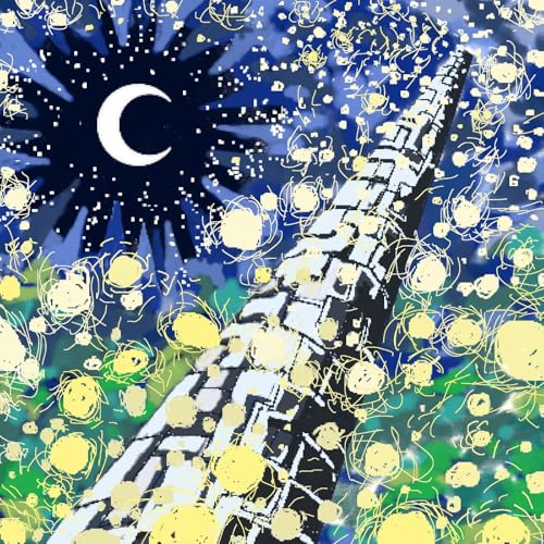 Album cover with a crescent moon, abstract shapes, and yellow scribbles.