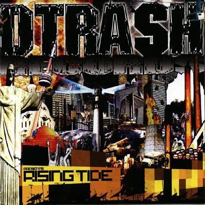 CD cover for “Rising Tide” with a collage of cityscapes and figures.