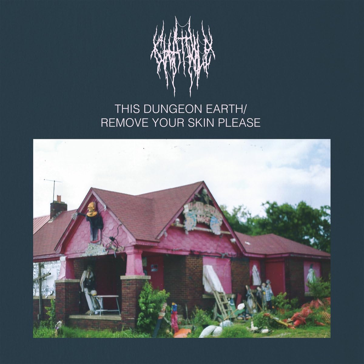 Vinyl album cover: dilapidated pink house under a cloudy sky.
