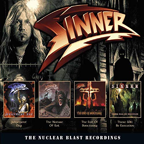 Sinner album cover featuring a musician, band logo, and four album artworks.