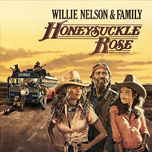 Album cover for Willie Nelson's "Honeysuckle Rose" featuring musicians and a bus.