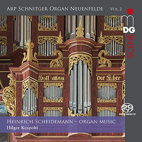 Ornate, gilded organ pipes in red and gold, CD cover for organ music.