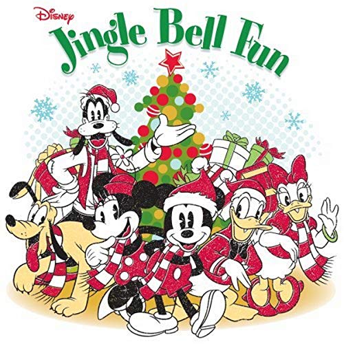 Disney characters in winter wear surround a decorated Christmas tree.