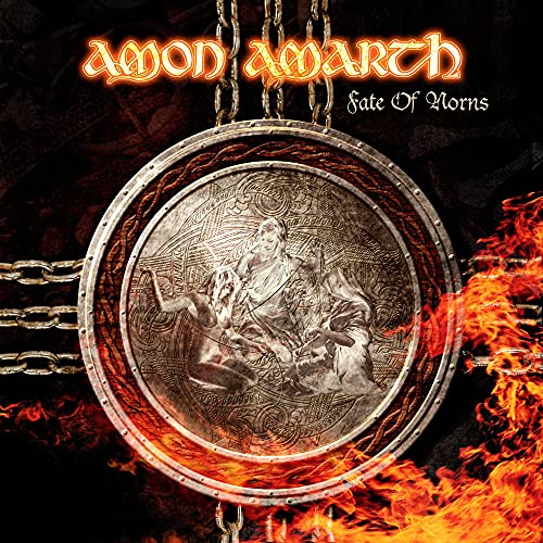 Amon Amarth album cover: shield with figures, fire, and chains.