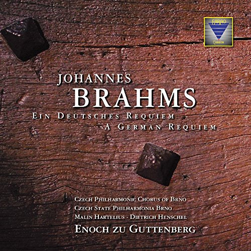 CD cover for Brahms’ “Ein Deutsches Requiem” with woodgrain background.